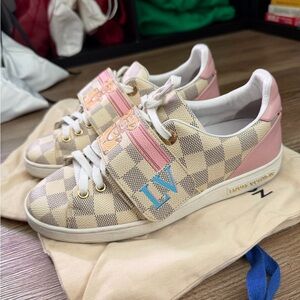 Louis Vuitton Checkered Sneakers with Pink and Blue Accents